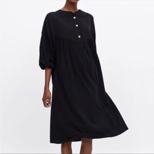 ZARA | Oversized Button Accent Boho Shirt Dress Black Midi Women’s Size XS